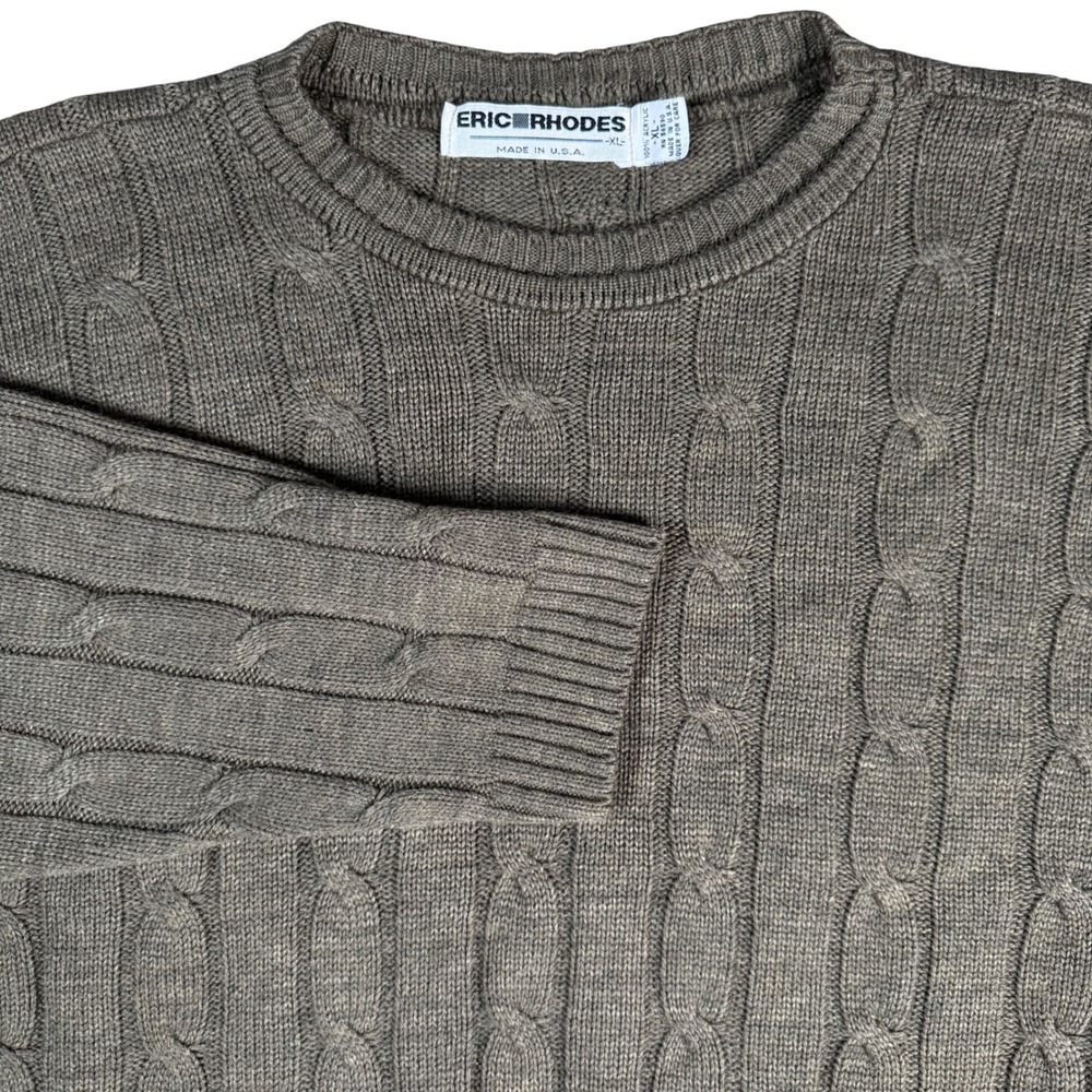 Eric Rhodes Cable Knit Sweater Mens XL Olive Green Vintage Made in USA Crewneck